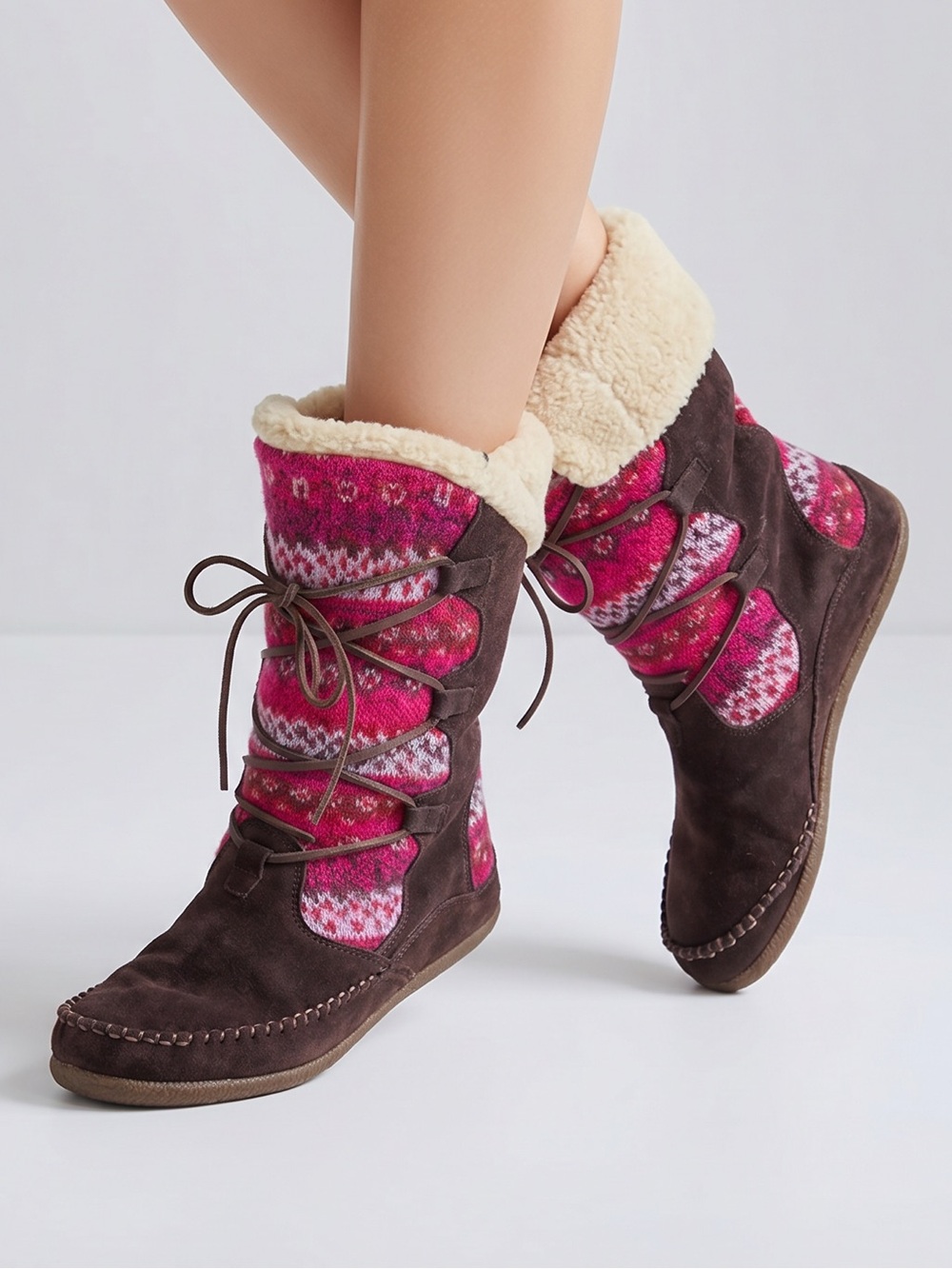 Acorn Womens‎ W10 Brown Suede Pink Fair Isle Knit Sherpa Lined Moccasin Boots